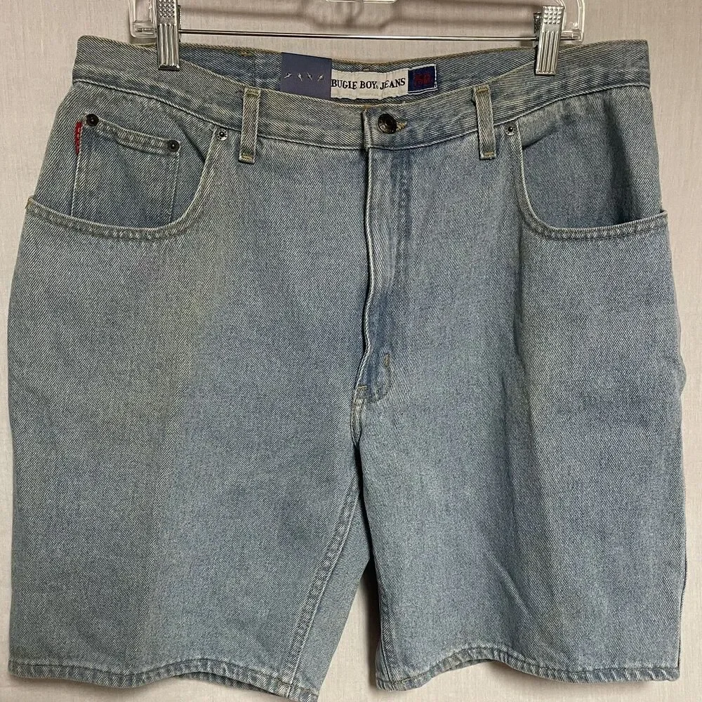 Vintage 90s Bugle Boy 750 Denim Jean Shorts Blue Light Wash Mens Size 38 Stained
